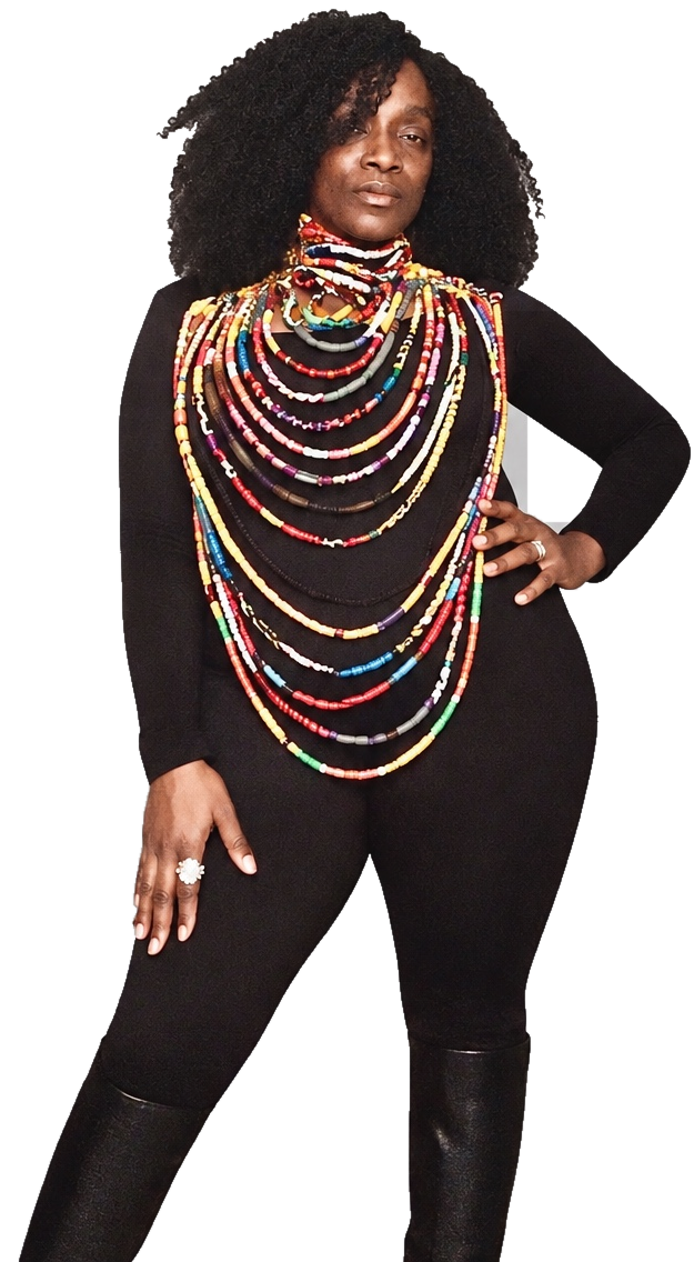 Featured LANDRUM model in her original black outfit and colorful jewelry